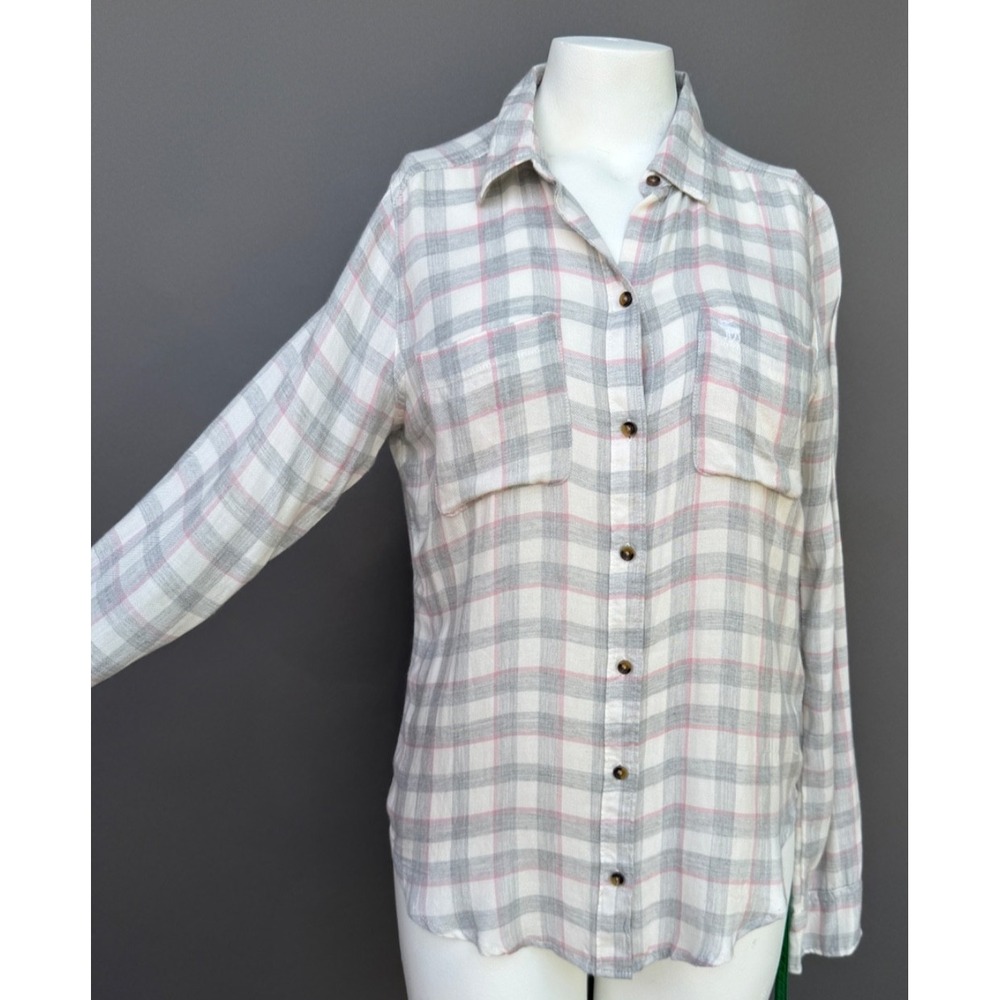 Abercrombie Fitch Plaid Button Up Shirt Womens M Pink Gray Preppy Casual Flannel